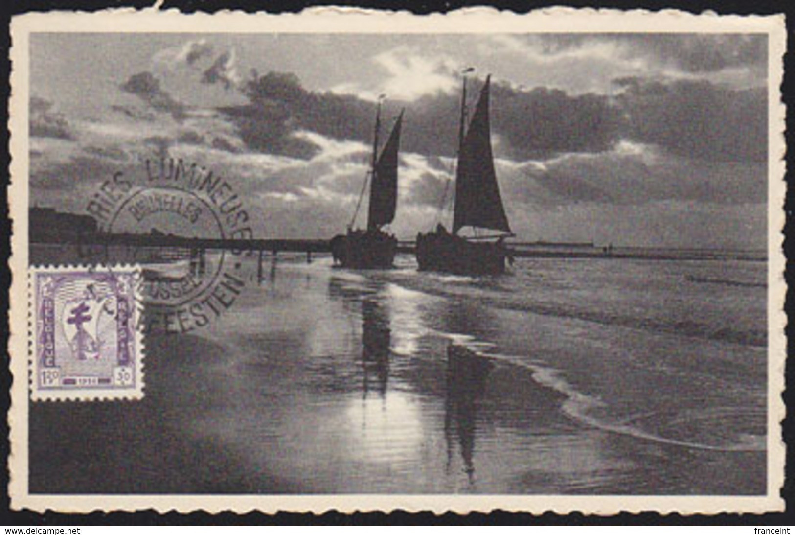 BELGIUM (1956) Ship With Cross. Maximum Card With FRirst Day Cancel. Scott No B594, Yvert No 1000. - 1951-1960