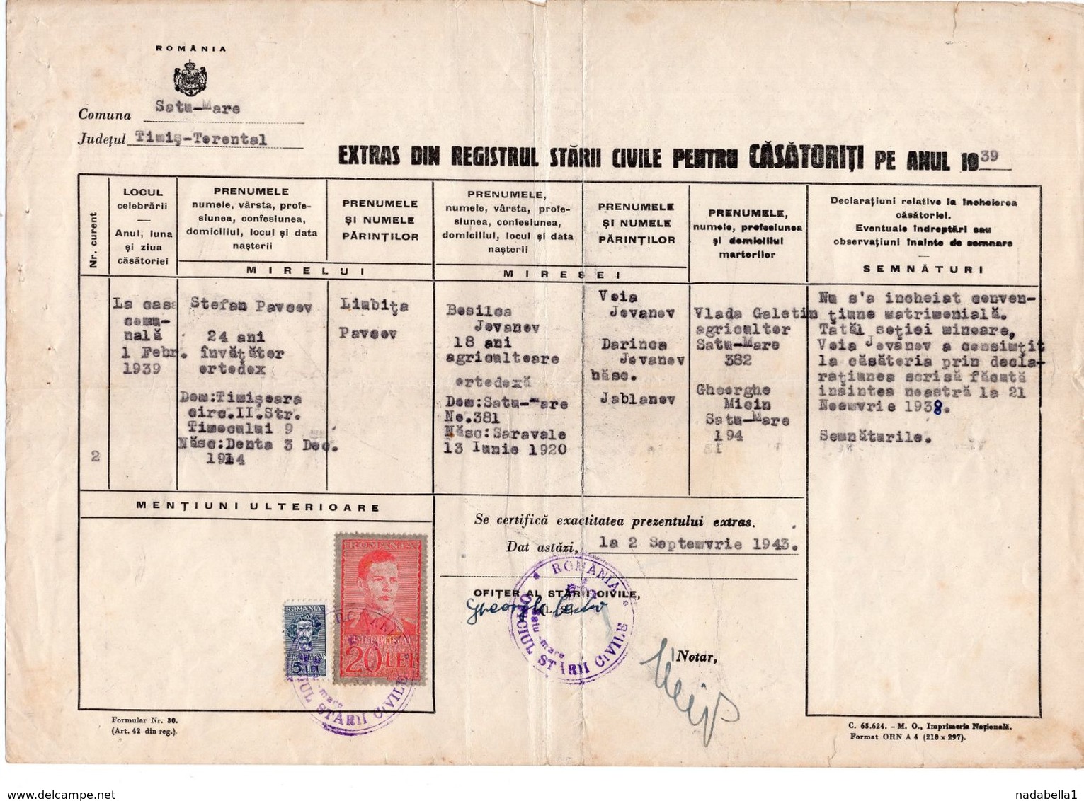 1943 ROMANIA, SATU-MARE, MARRIAGE CERTIFICATE, 2 REVENUE STAMPS - Covers & Documents