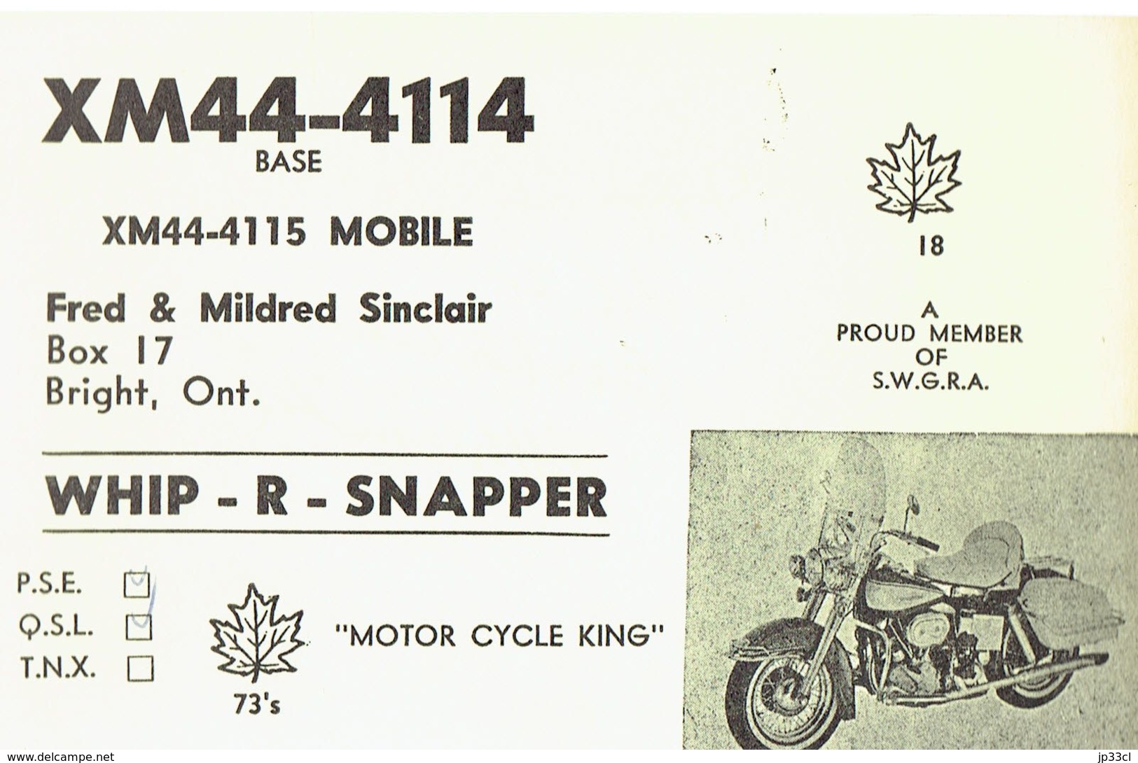 Moto Motorbike On Old QSL From Fred & Mildred Sinclair, Bright, Ontario, Canada, XM44-4114 (March 1969) - CB