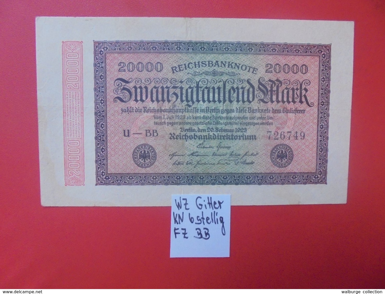 Reichsbanknote 20.000 MARK 1923 VARIANTE GITTER 6 CHIFFRES CIRCULER (B.16) - 20000 Mark