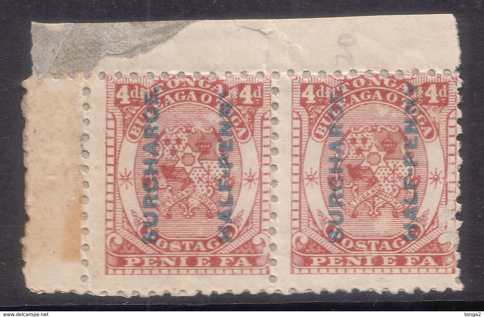 TONGA 1894 SG21 Pair - Backing Paper Shown + Most Of Y Of PennY Missing L Stamp - Tonga (1970-...)