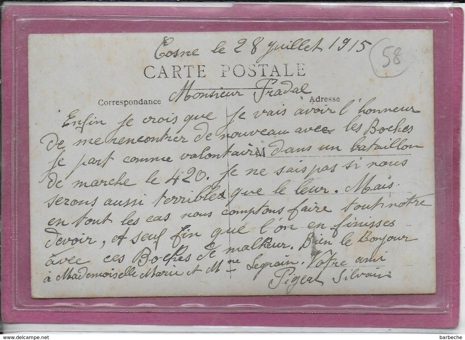 58.- CARTE ECRITE DEPUIS COSNE  ( Militaires ) - Cosne Cours Sur Loire