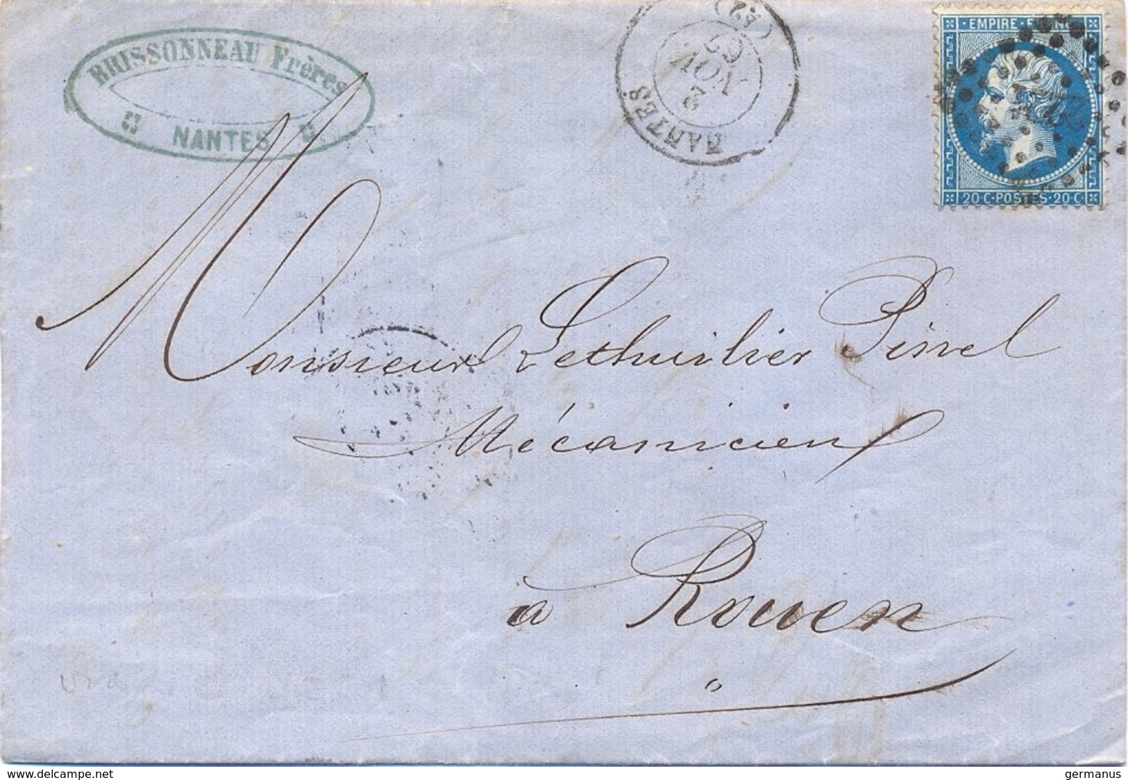 1862  - LOIRE ATLANTQIUE – LAC BRISSONNEAU Frères – NANTES TàD 2 NOV. 62 PC 2221 Sur YT N° 22 - 1849-1876: Periodo Classico