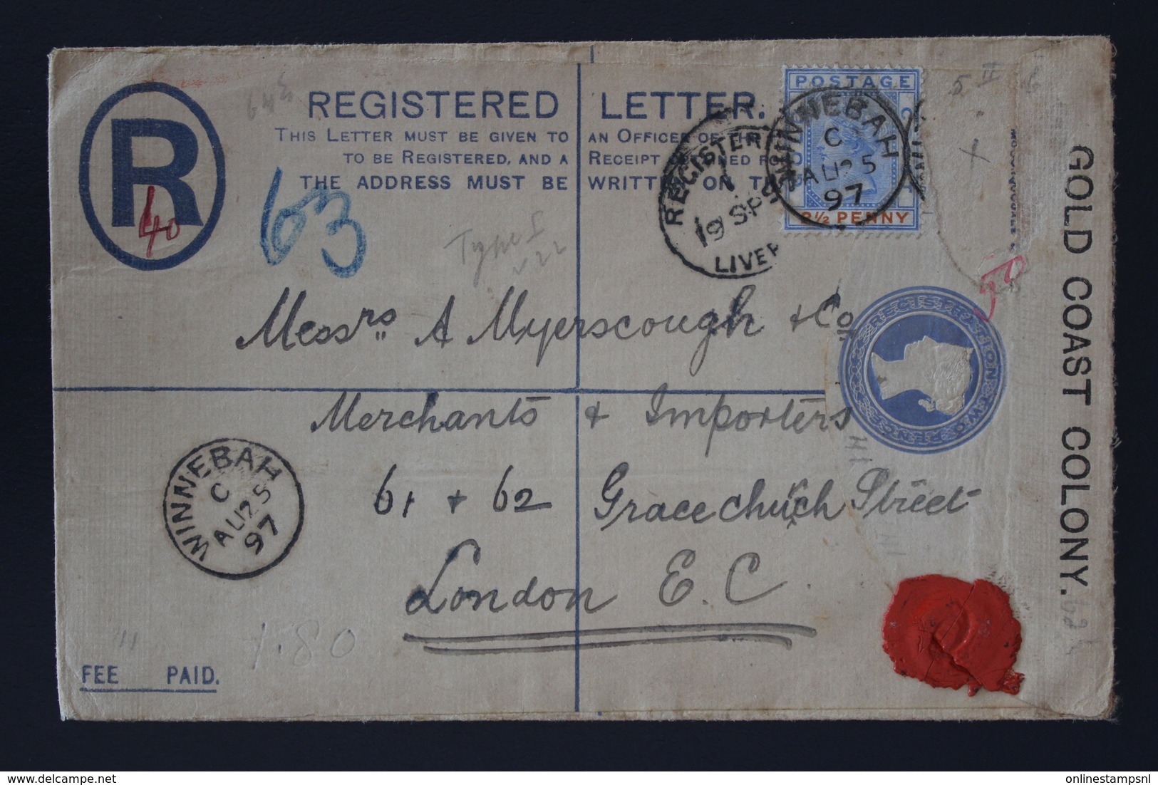 GOLDCOAST COLONY Uprated Registered Cover WINNEBAH VIA ACCIA TO LONDON 25-8-1897  HG5A 1 Stamp Removed - Goldküste (...-1957)