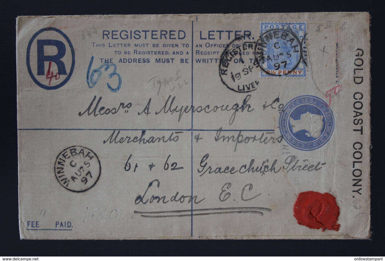 GOLDCOAST COLONY Uprated Registered Cover WINNEBAH VIA ACCIA TO LONDON 25-8-1897  HG5A 1 Stamp Removed - Costa De Oro (...-1957)