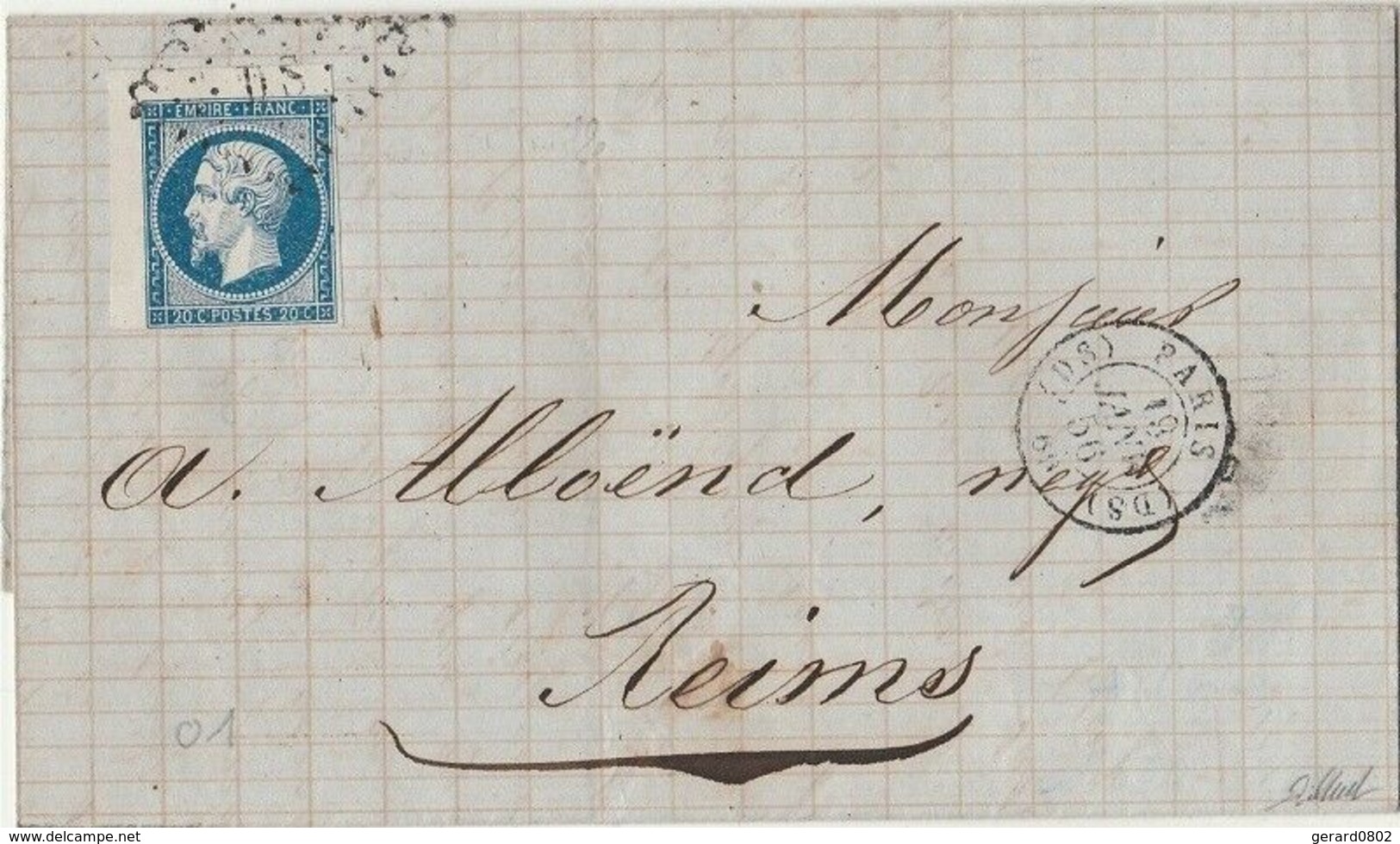 N° 14 -COIN DE FEUILLE OBLITERE LETTRE DS ROMAINE SUR LETTRE DE PARIS POUR REIMS - 1849-1876: Classic Period