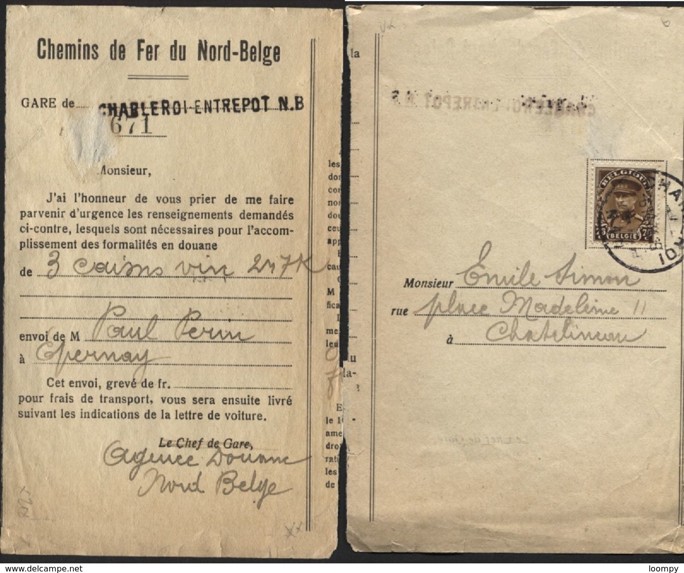 NORD BELGE - Griffe CHARLEROI ENTREPOT NB Sur Souche Agence En Douane 1934 TP N°341 (x218) - Nord Belge