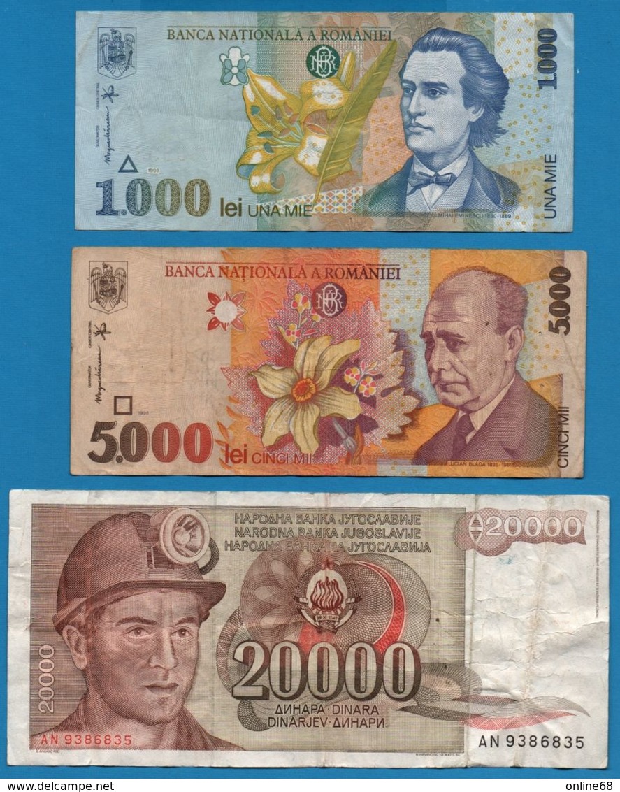 LOT BILLETS 3 BANKNOTES  ROMANIA 1000 + 5000 LEI YUGOSLAVIA 20000 DINARA - Lots & Kiloware - Banknotes