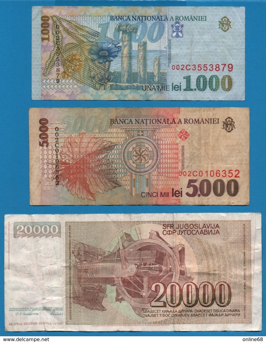 LOT BILLETS 3 BANKNOTES  ROMANIA 1000 + 5000 LEI YUGOSLAVIA 20000 DINARA - Lots & Kiloware - Banknotes