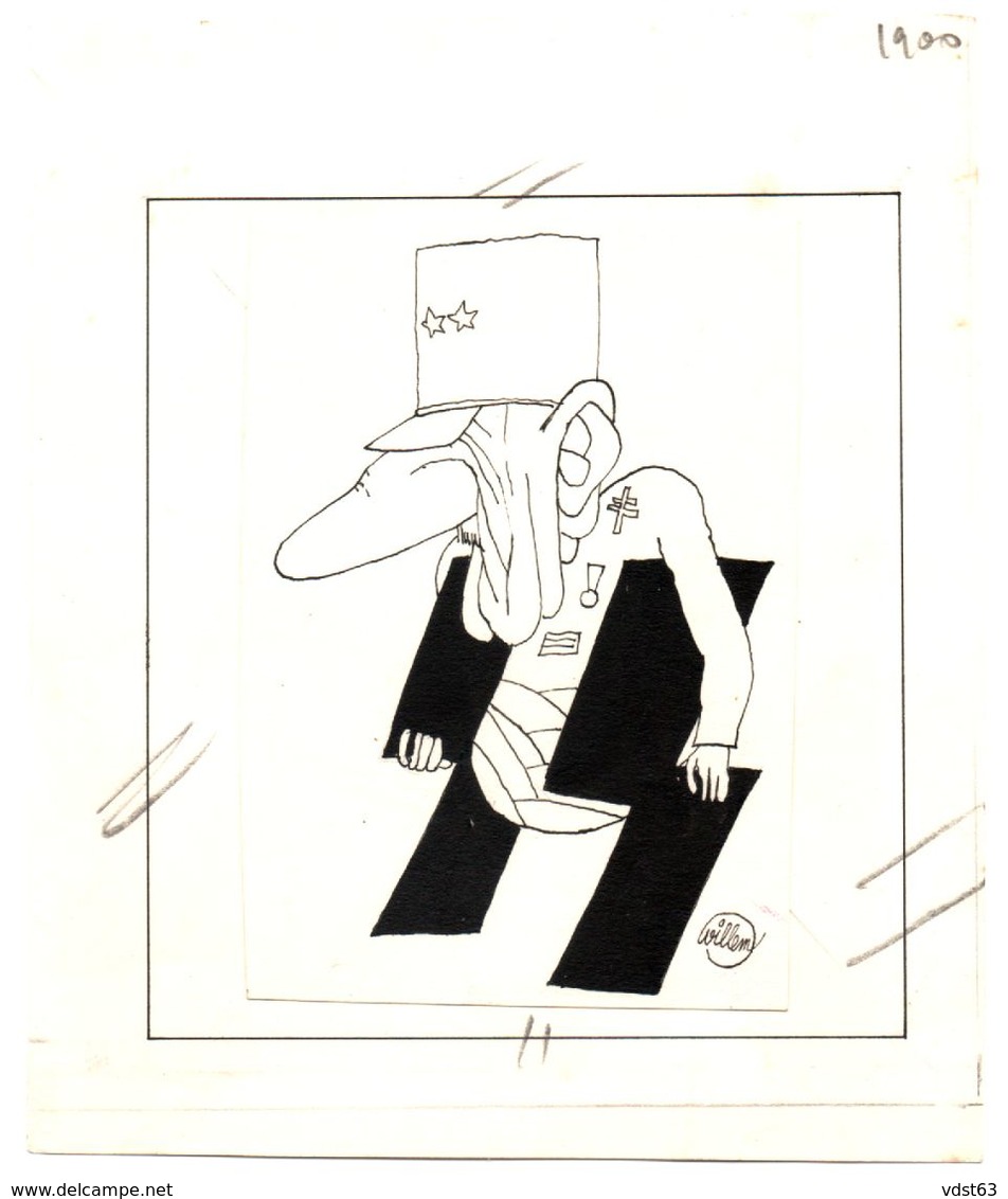 WILLEM Dessin De Presse Original Signé Caricature GENERAL DE GAULLE Béquille S S - SS - Post Mai 68 / HARA KIRI - Disegni