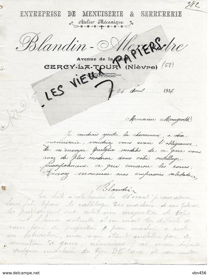 58 - Nièvre - CERCY-LA-TOUR - Facture BLANDIN-ALEXANDRE - Menuiserie, Serrurerie - 1914 - REF 159A - 1900 – 1949