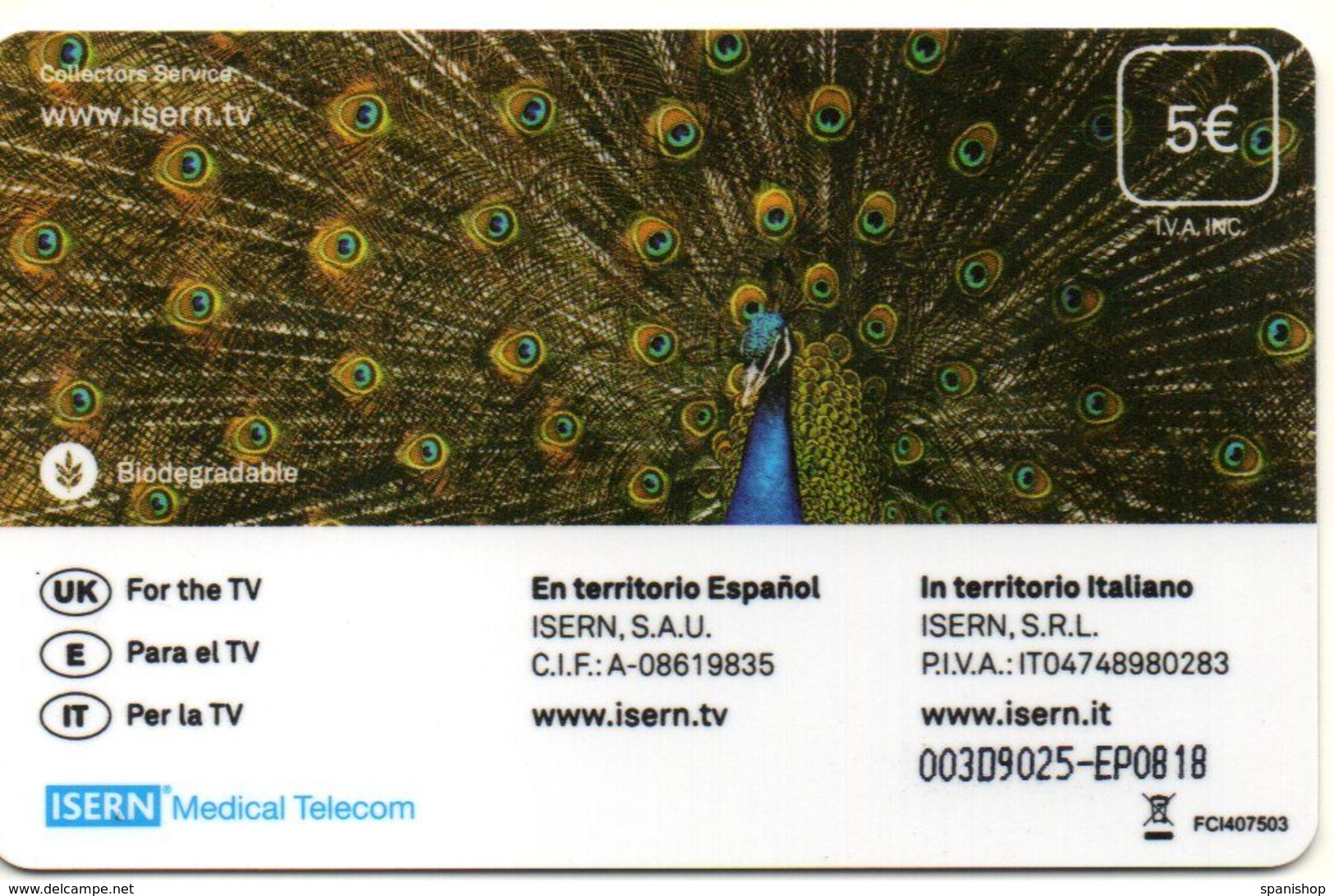 ISN-271 SPAIN PHONECARD ESPAÑA ISERN  SERIE FAUNA Nº33 ANIMAL PAVO REAL- PEACOCK- CARD FOR  HOSPITAL TV - Emisiones Básicas