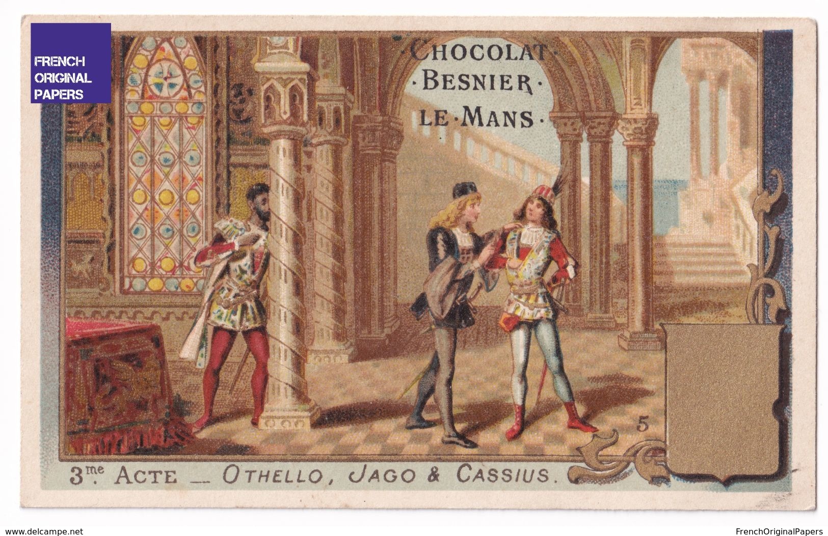 Chromo Dorée Romanet Chocolat Besnier Théâtre Shakespeare Othello Jago Cassius Vitrail Littérature Saynète Acteur A36-78 - Other & Unclassified