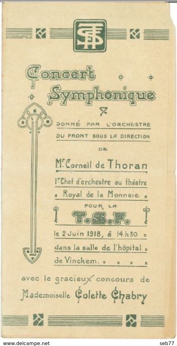 WW1 Belgique : Programme Concert Symphonique Théâtre Vinckem 1918 - Documentos Históricos