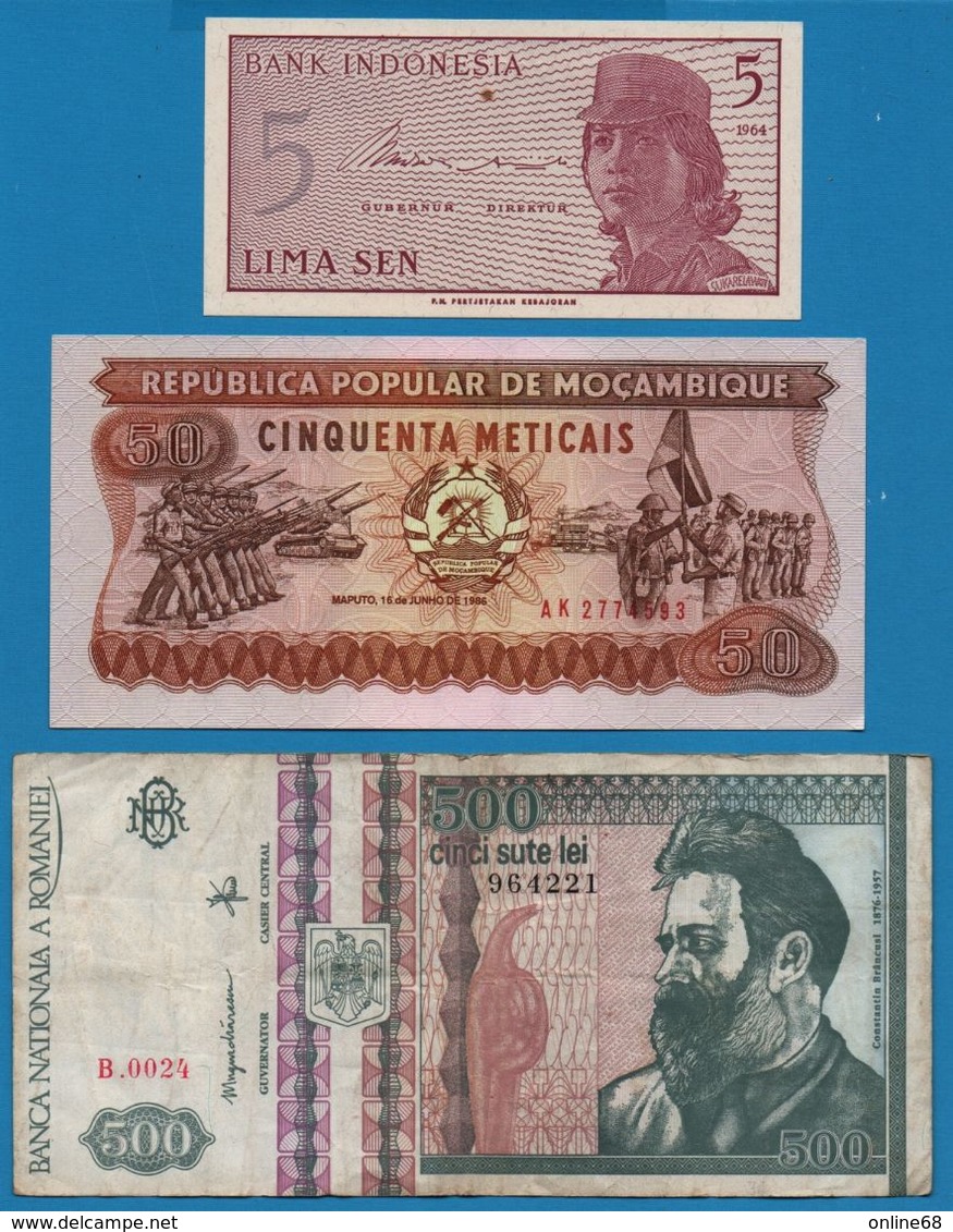 LOT BILLETS 3 BANKNOTES  INDONESIA MOZAMBIQUE ROMANIA - Alla Rinfusa - Banconote