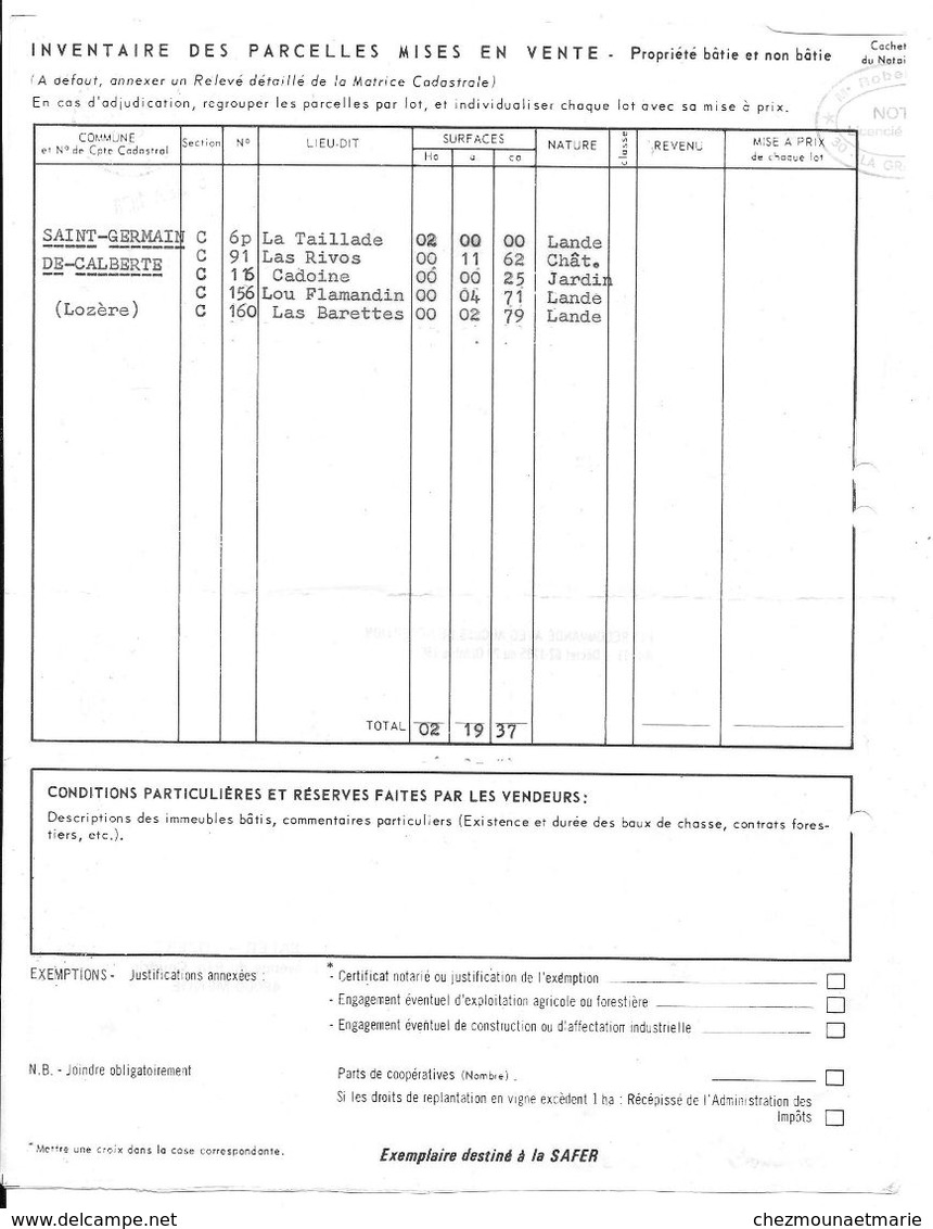 LA GRAND COMBE 1978 MENDE BLOCS REC 7394 INVENTAIRE PARCELLES ST GERMAIN DE CALBERTE - Documents Historiques