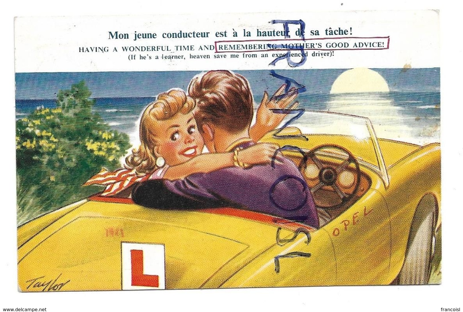 A La Plage. Couple En Voiture:" Mon Jeune Conducteur Est à La Hauteur De Sa Tâche." Signée Taylor - Taylor