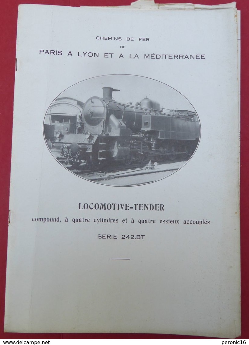 Rare Document Années 1930 ! Chemins De Fer De Paris-Lyon-Méditerranée, Locomotive - TENDER Série 242.BT - Chemin De Fer