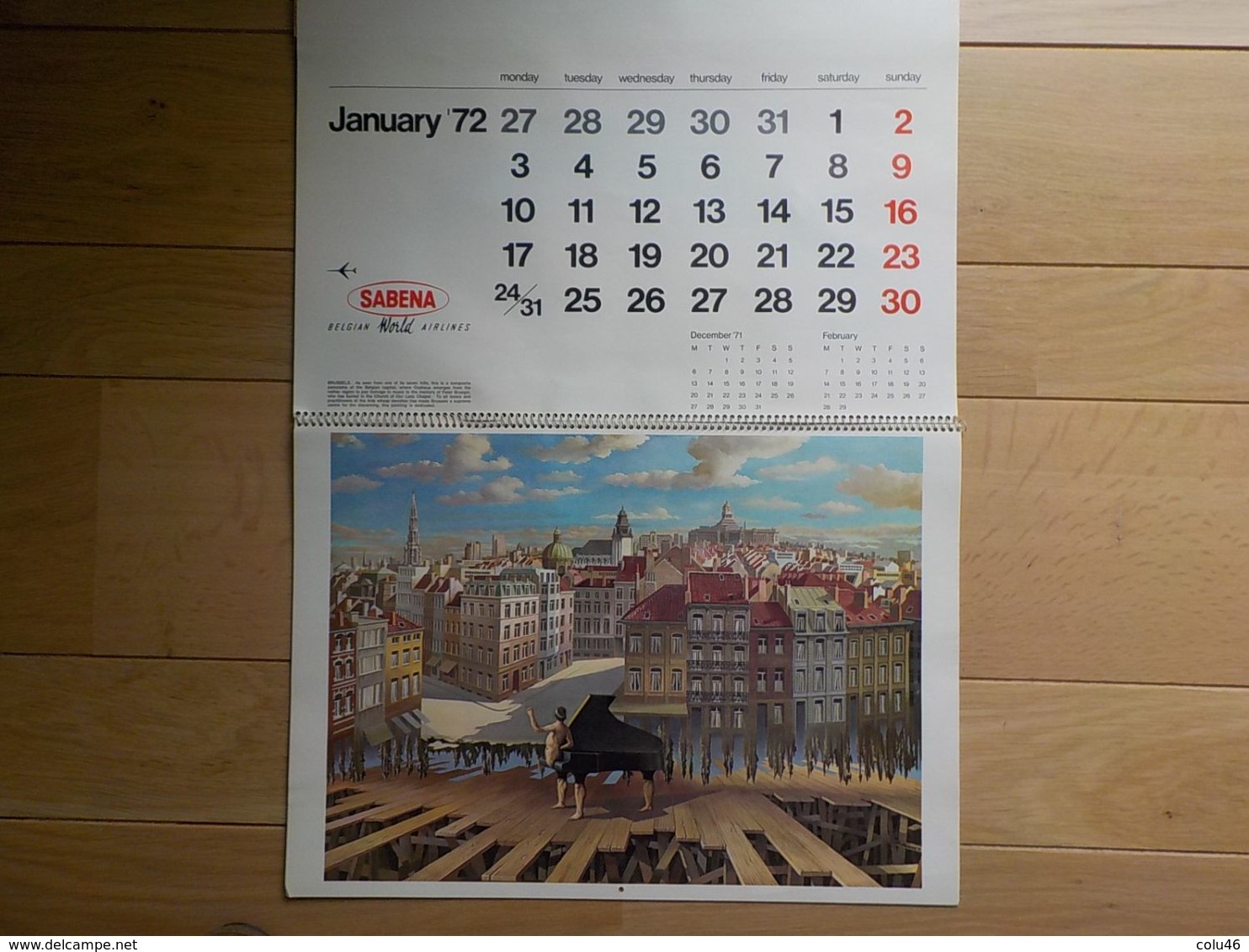 1972 Aviation Sabena grand calendrier villes Belgique Carnaval Binche Bouillon Tongres Antwerp Dinant Gand Brussels