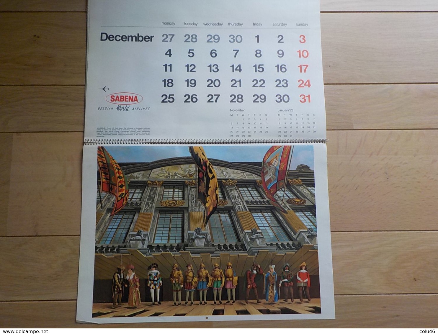 1972 Aviation Sabena grand calendrier villes Belgique Carnaval Binche Bouillon Tongres Antwerp Dinant Gand Brussels