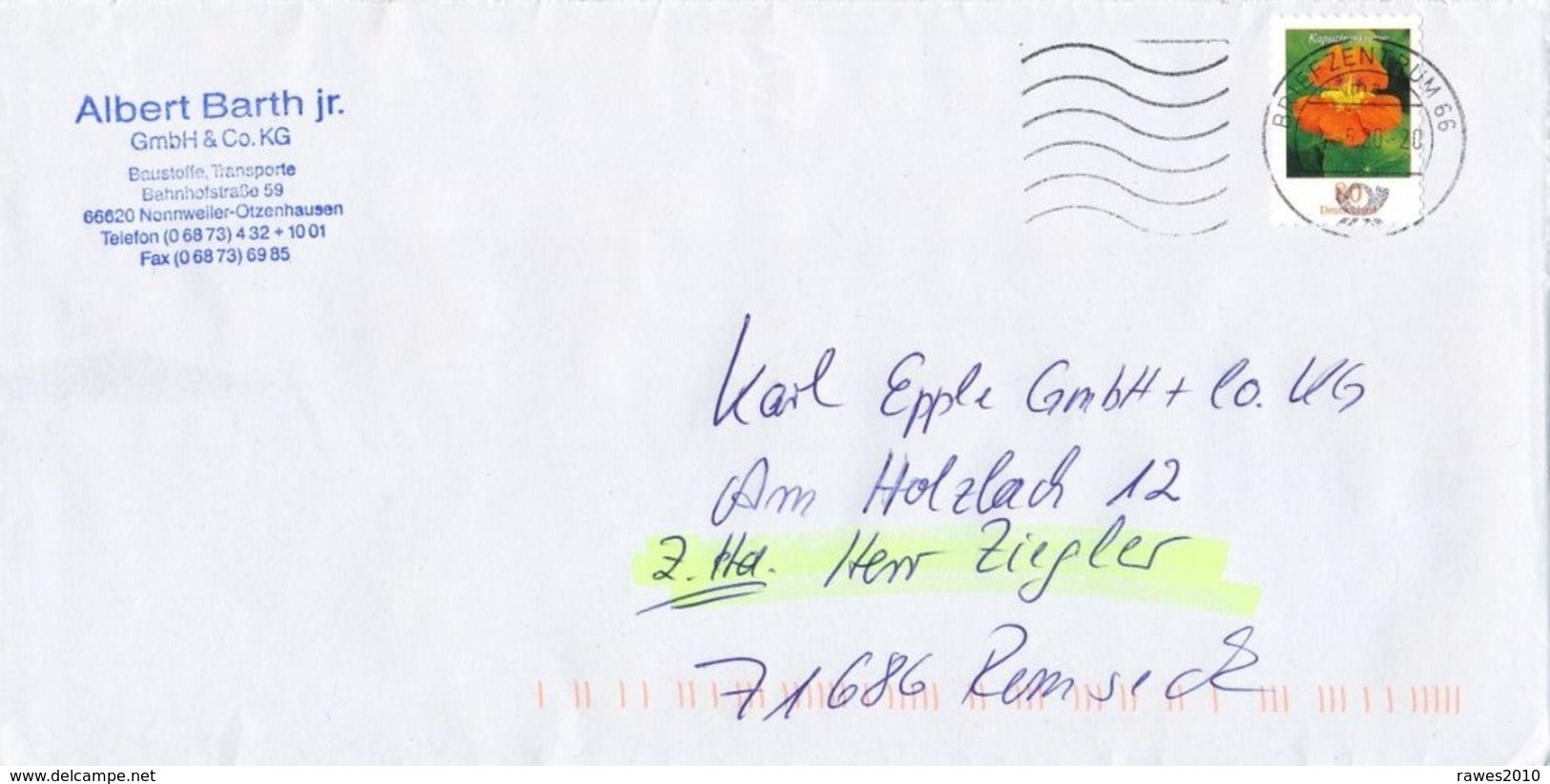 BRD / Bund BZ 66 TGST FRW 2020 Mi. 3482 Blume Kapuzinerkresse Barth Baustoffe Nonnweiler-Otzenhausen - Storia Postale