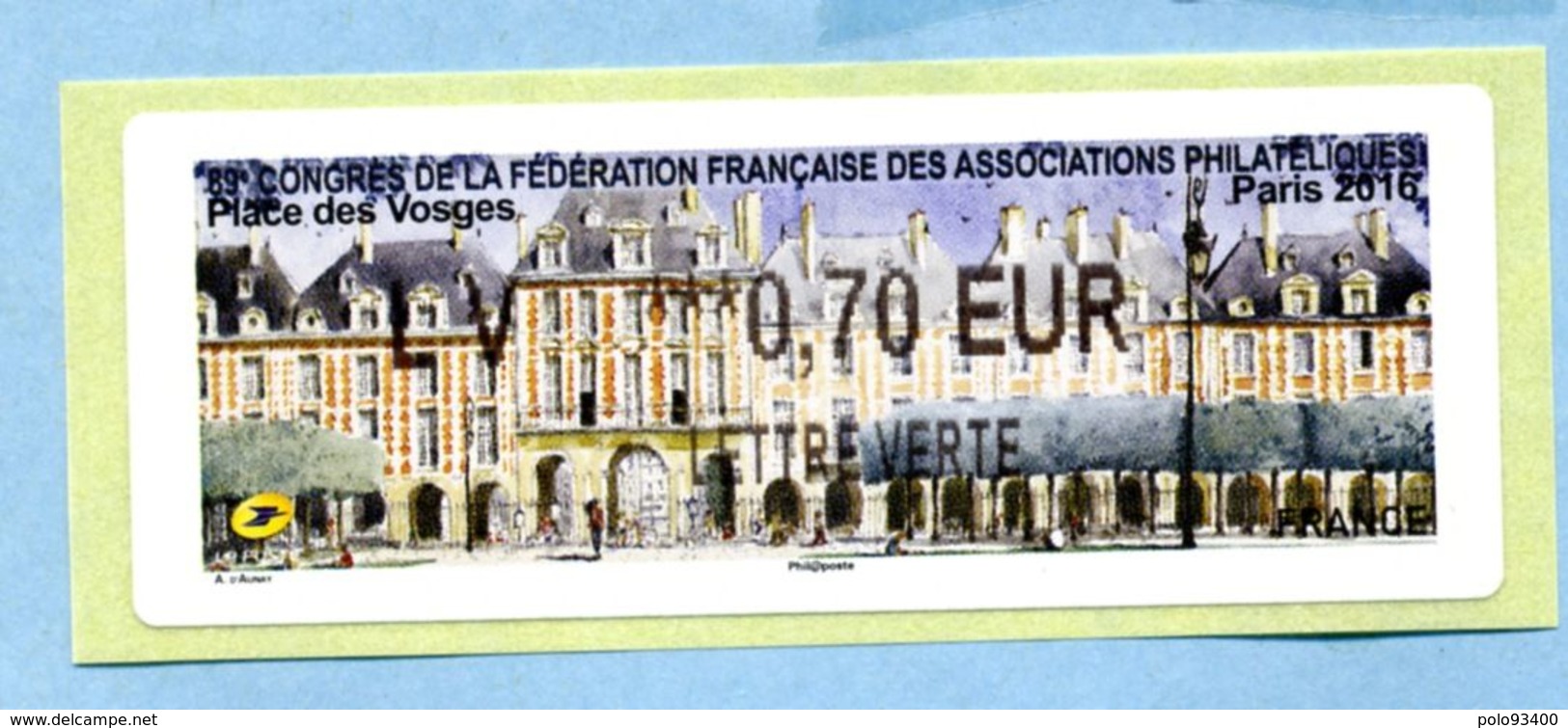 2016 LISA 2 LV 0.70 Euro  PARIS-PHILEX Place Des Vosges - 2010-... Geïllustreerde Frankeervignetten