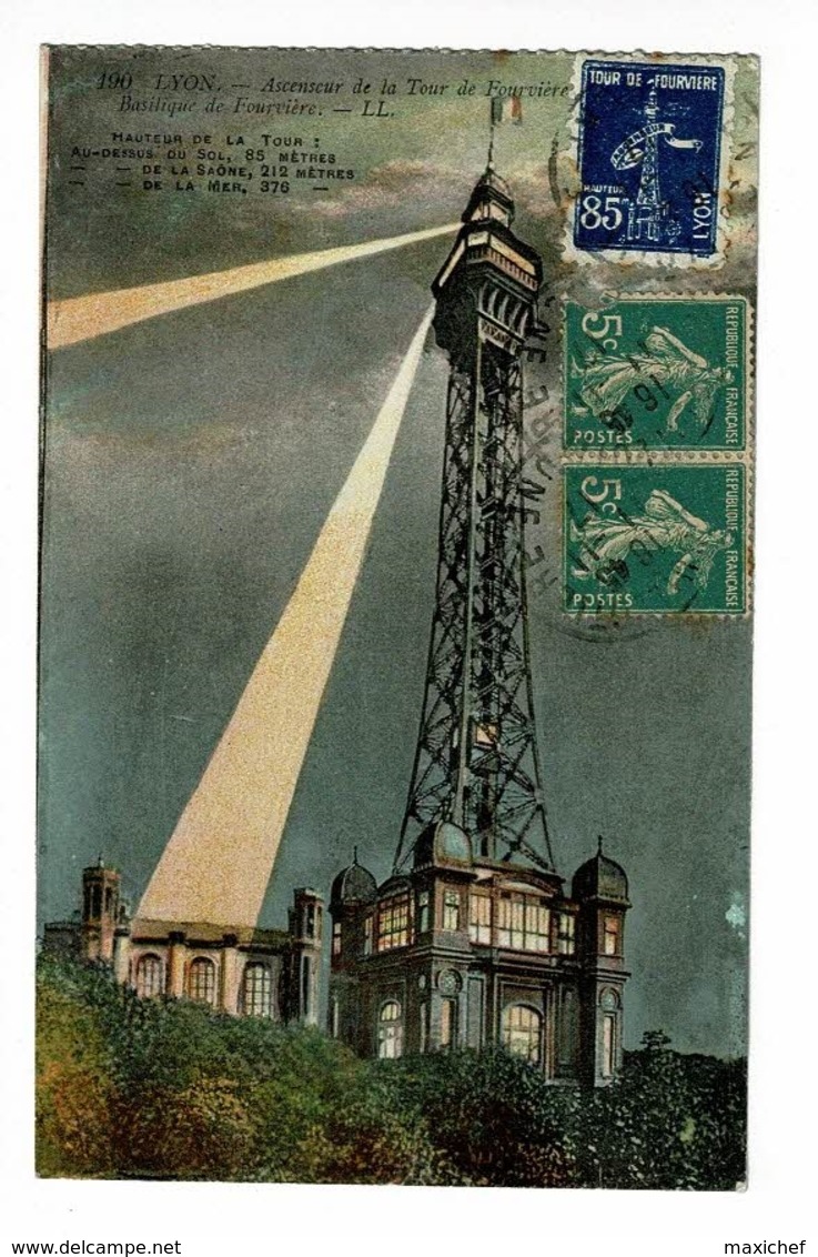 Vignette "Tour De Fourvière, Hauteur 85 M, Lyon " Sur CP Ascenseur De La Tour De Fourvière, Phare éclairé, Circulé 1917 - Tourisme (Vignettes)