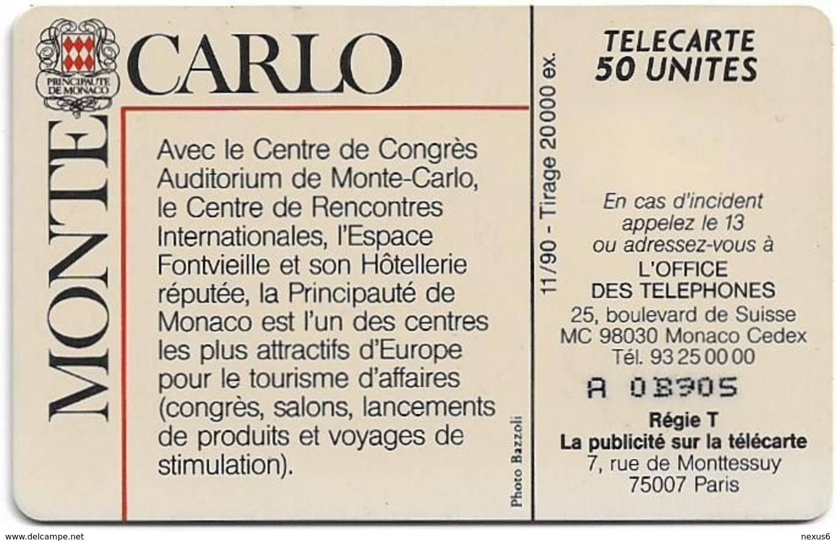 Monaco - MF10 - Palais Des Congres - Cn. A OB905 - 11.1990, Solaic Afnor, 50Units, 20.000ex, Used - Monaco