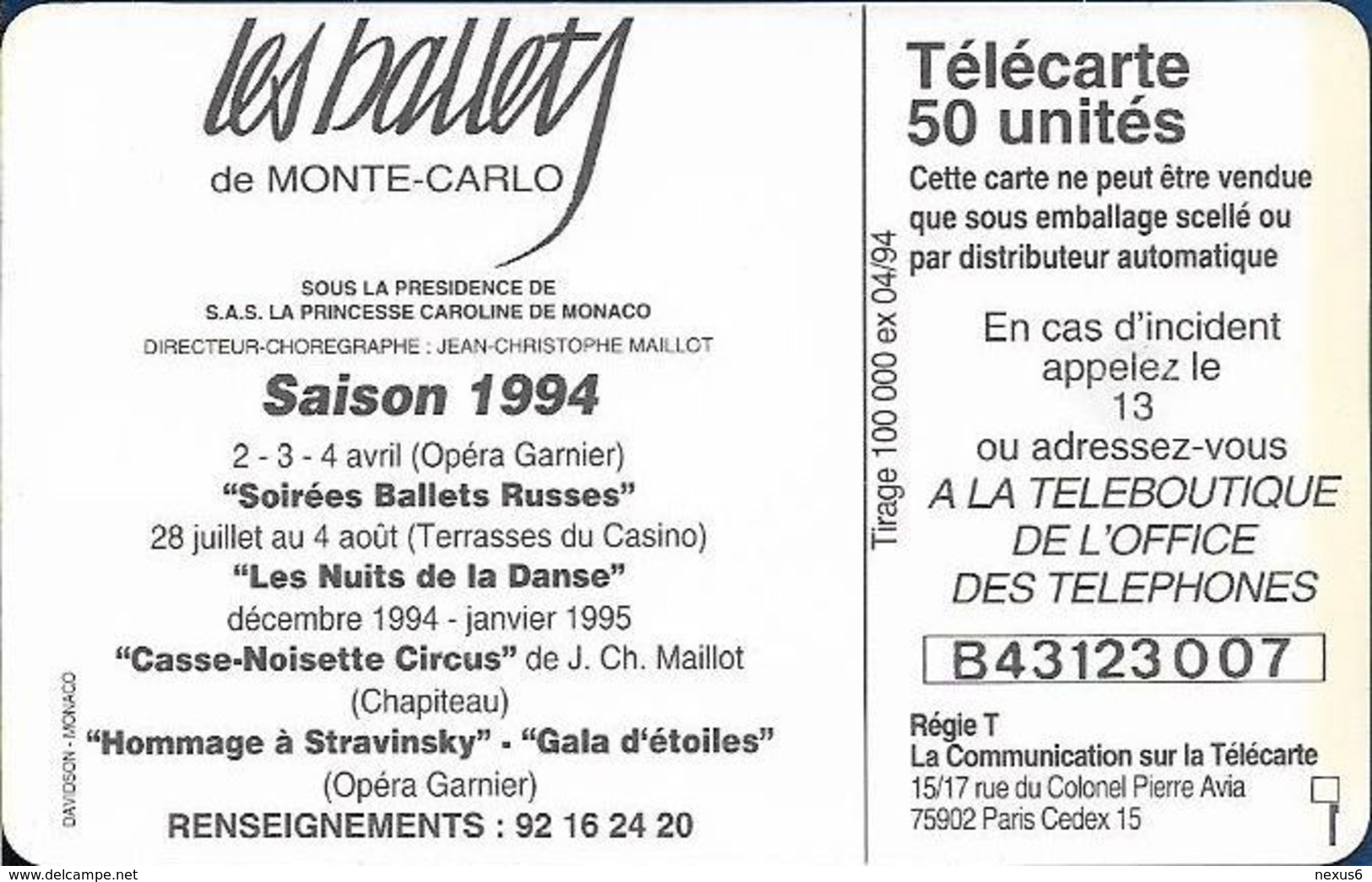 Monaco - MF29 - Ballets - Cn. B43123007, Gem1A Symm. Black, WITH Transp. Moreno, 04.1994, 50Units, 100.000ex, Used - Monaco