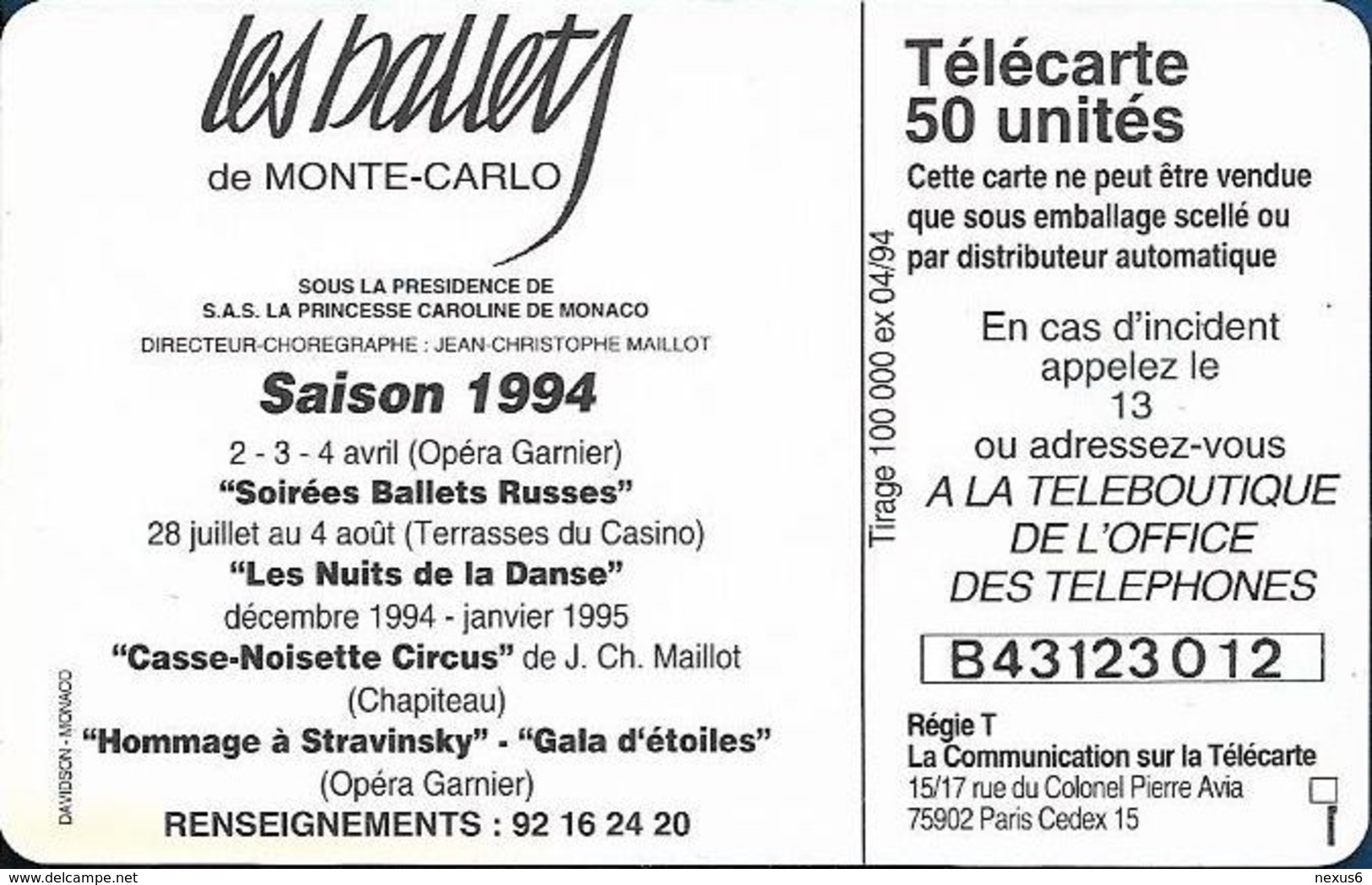 Monaco - MF29 - Ballets - Cn. B43123012, Gem1A Symm. Black, NO Transp. Moreno, 04.1994, 50Units, 100.000ex, Used - Monaco