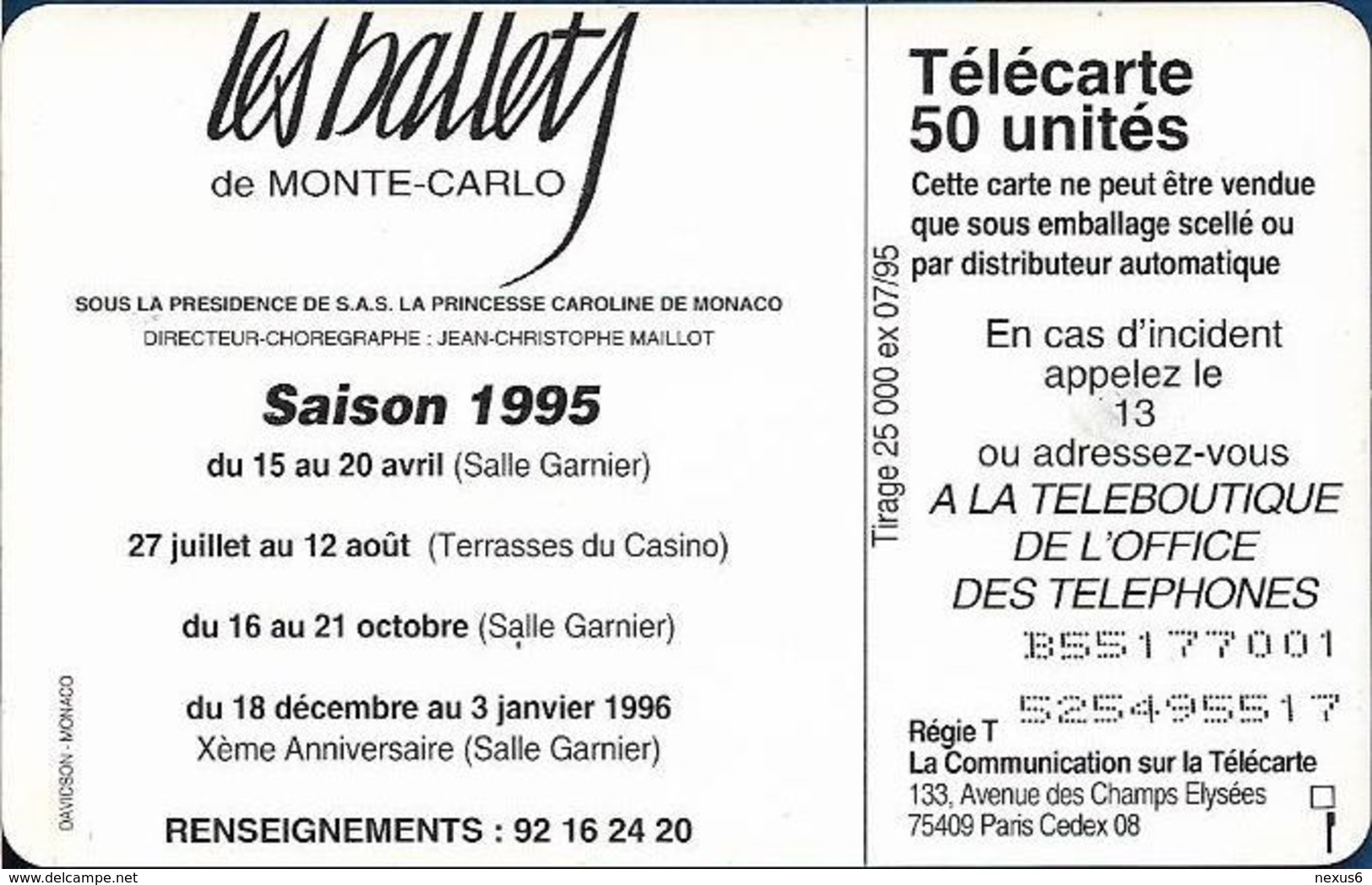 Monaco - MF36 - Ballets - Cn. B55177001, Gem1A Symm. Black, NO Transp. Moreno, 07.1995, 50Units, 25.000ex, Used - Monaco