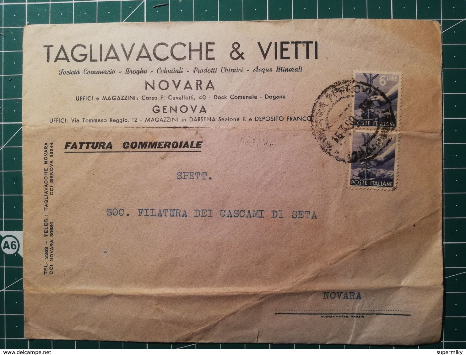Busta Pubblicitaria / Commerciale Droghe Coloniali Prodotti Chimici Acqua Minerale - Da Novara In Distretto - 1946-60: Marcofilia