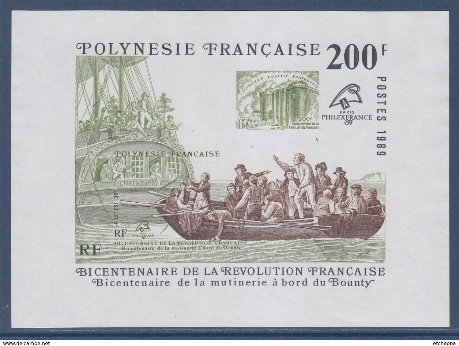 Bloc Neuf Sans Gomme Polynésie Française 200F Bicentenaire De La Révolution Française Et Mutinerie Du Bounty N°15 - Blocks & Sheetlets