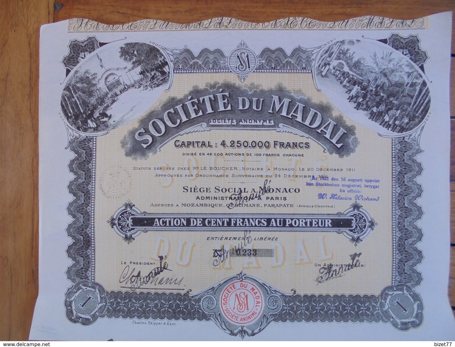MONACO - SOCIETE DU MADAL - 1911 - ACTION DE 100 FRS - AGENCES A MOZAMBIQUE, QUELIMANE, PARAPATE... - Otros & Sin Clasificación