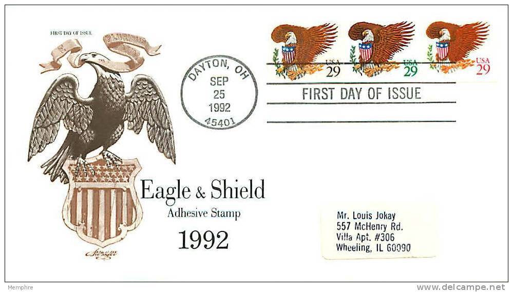 1992  Eagle And Shield $0.29 Adhesive Stamp X 3 Sc 2596, 2596, 2597 - 1991-2000