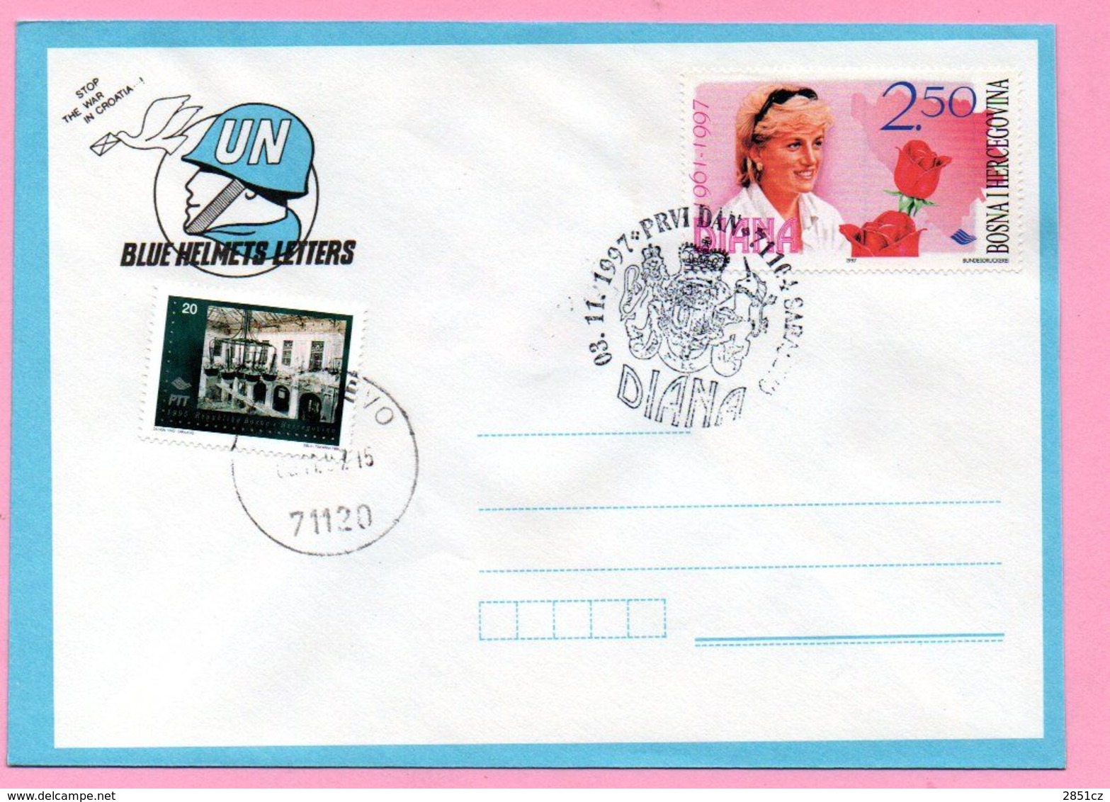 Envelope - Lady Di / Diana, Sarajevo 3.11.1997., Bosnia And Herzegovina / BIH / Blue Helmets Letters - Bosnie-Herzegovine