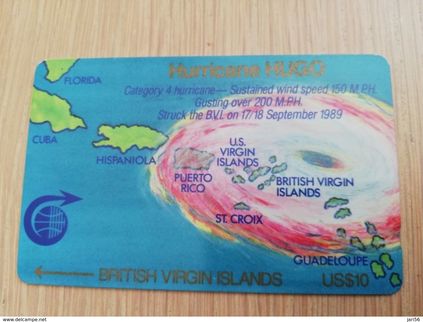 BRITSCH VIRGIN ISLANDS  US$ 10,-  BVI-2A  2CVBA  HURRICANE HUGO (RRRR)   Fine Used Card   ** 2611 ** - Maagdeneilanden