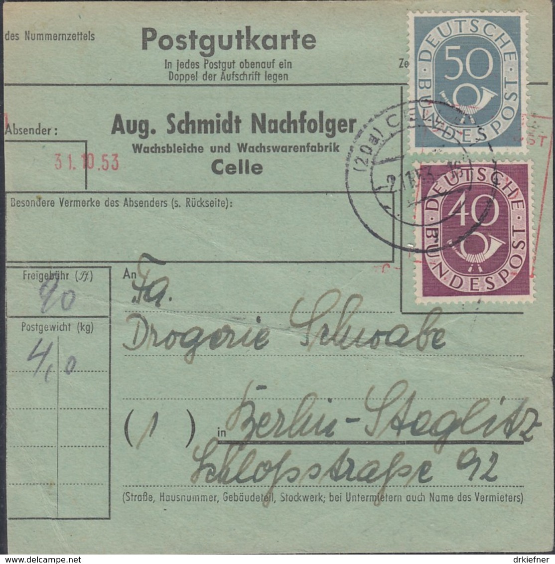 BRD 133, 134 MiF, Auf Postgutkarte, Gestempelt: Celle 2.11.1953 - Covers & Documents