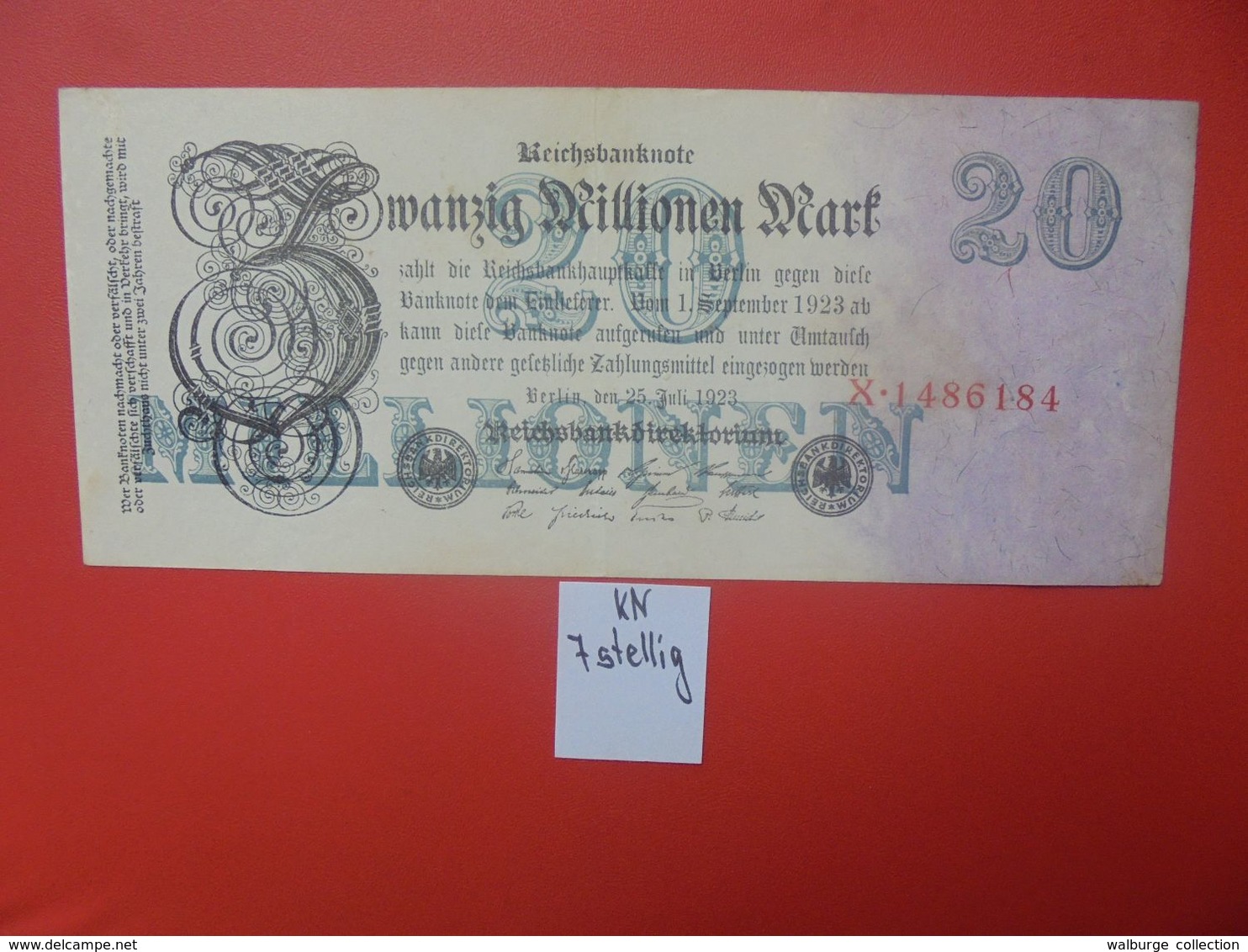 Reichsbanknote 20 MILLIONEN MARK 1923 7 CHIFFRES+GRAND ALPHABET CIRCULER (B.16) - 20 Miljoen Mark