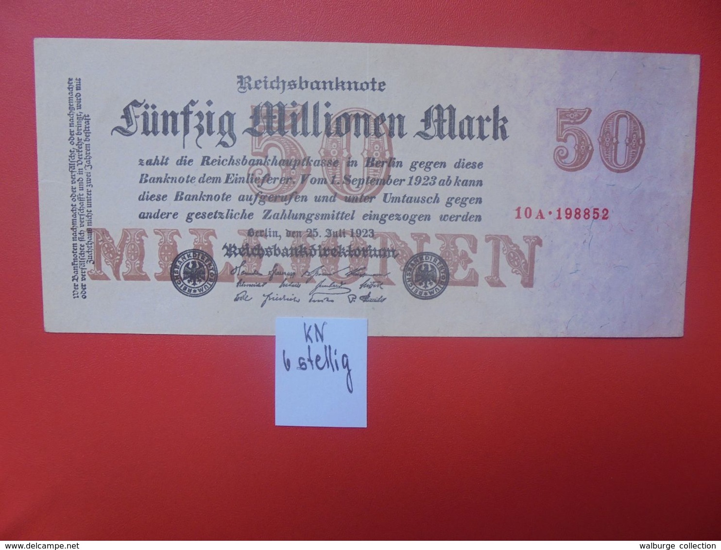 Reichsbanknote 50 MILLIONEN MARK 1923 6 CHIFFRES+PETIT ALPHABET CIRCULER (B.16) - 50 Miljoen Mark