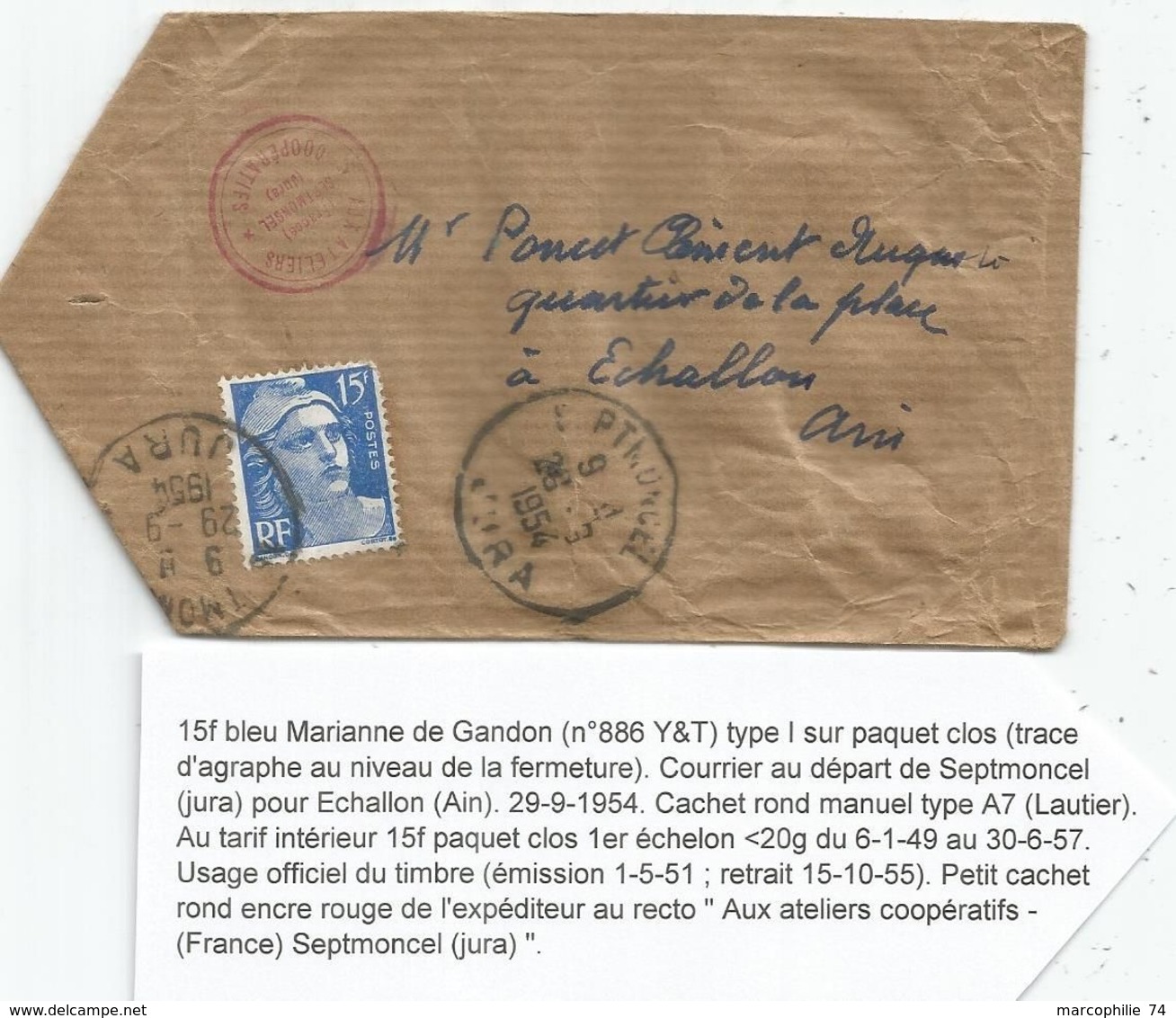 GANDON 15FR BLEU SEUL SUR SACHET SEPTMONCEL JURA 29.9.1954 POUR AIN AU TARIF - 1945-54 Marianne (Gandon)