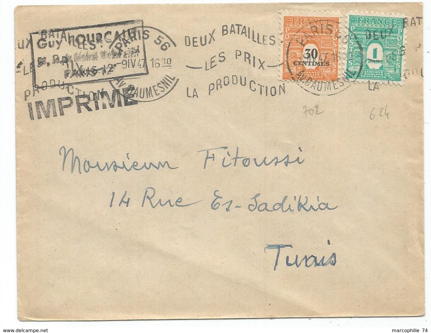 ARC TRIOMPHE 30C+1FR LETTRE PARIS 56 9.IV .1947 POUR LA TUNISIE   AU TARIF IMPRIME - 1944-45 Arco Del Triunfo