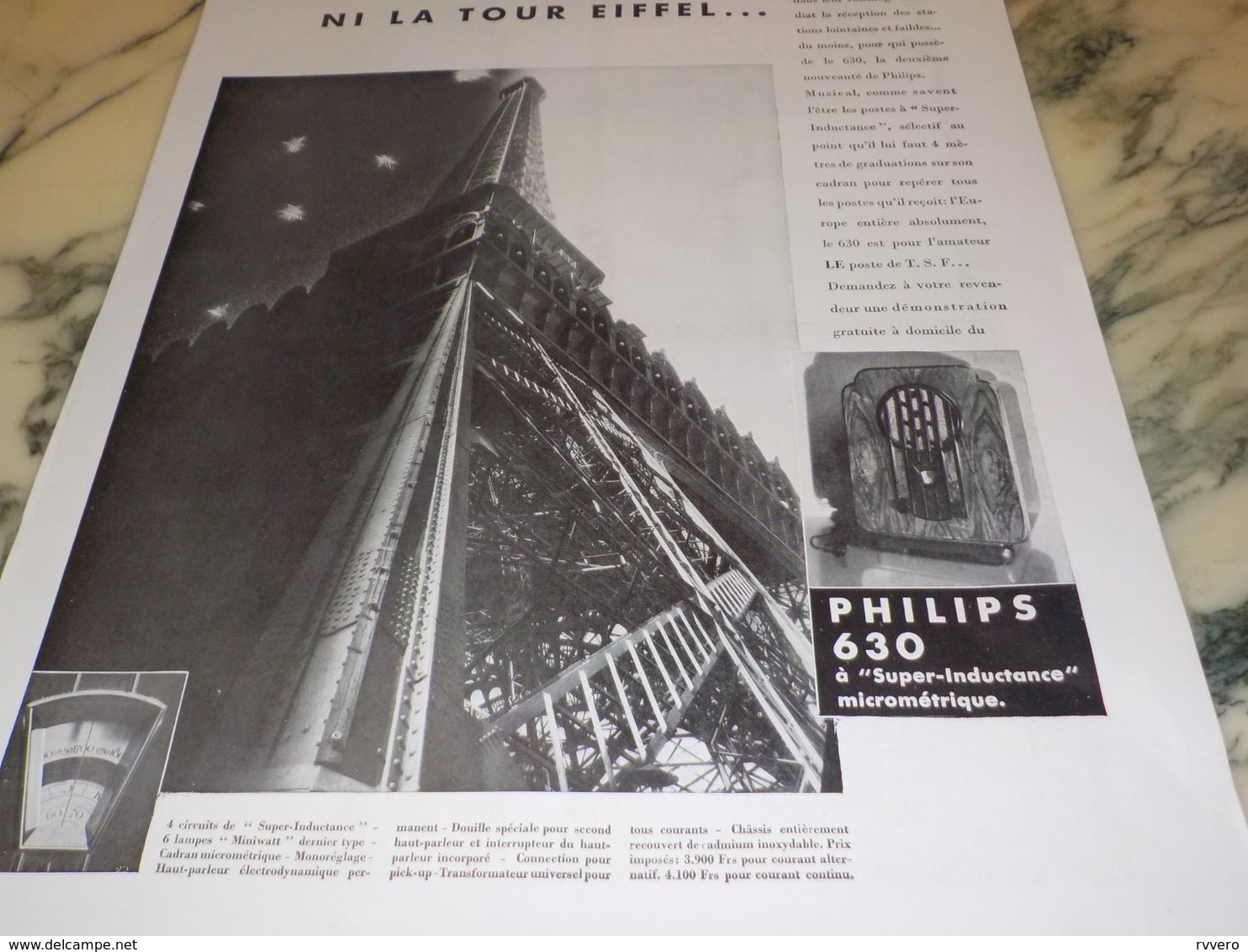 ANCIENNE PUBLICITE NI LA TOUR EIFFEL PHILIPS 630 1933 - Otros & Sin Clasificación