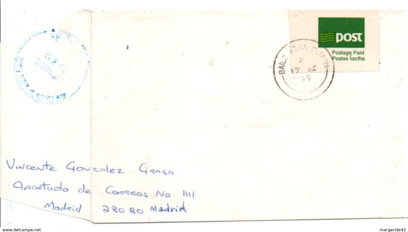 IRLANDE EIRE VIGNETTE DE DISTRIBUTEUR SUR LETTRE POUR L'ESPAGNE - Storia Postale