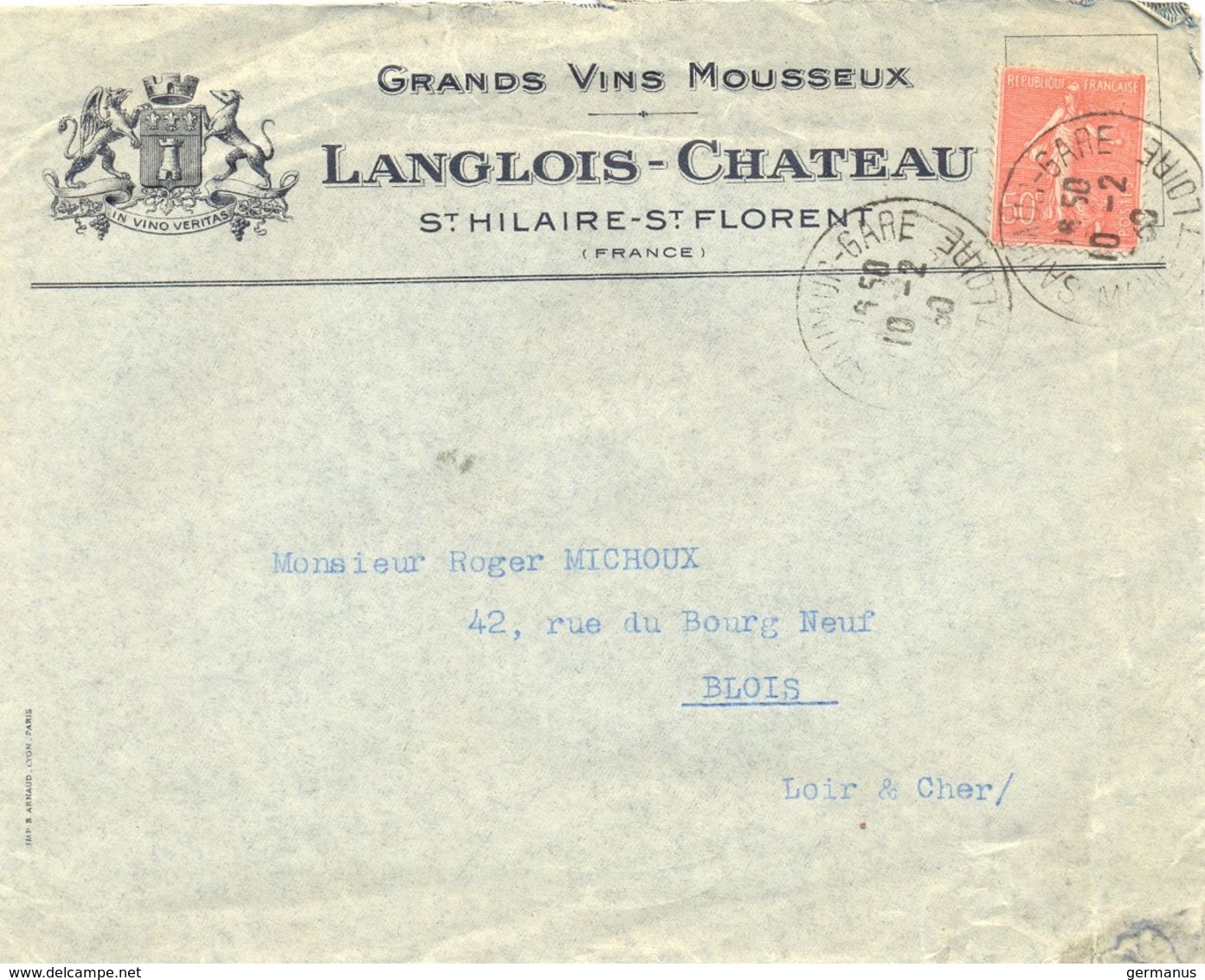 GRANDS VINS MOUSSEUX LANGLOIS-CHATEAU ST HILAIRE ST FLORENT MAINE-ET-LOIRE ILLUSTRATION GLOIRE NATIONALE Du 10-2-30 - 1921-1960: Periodo Moderno