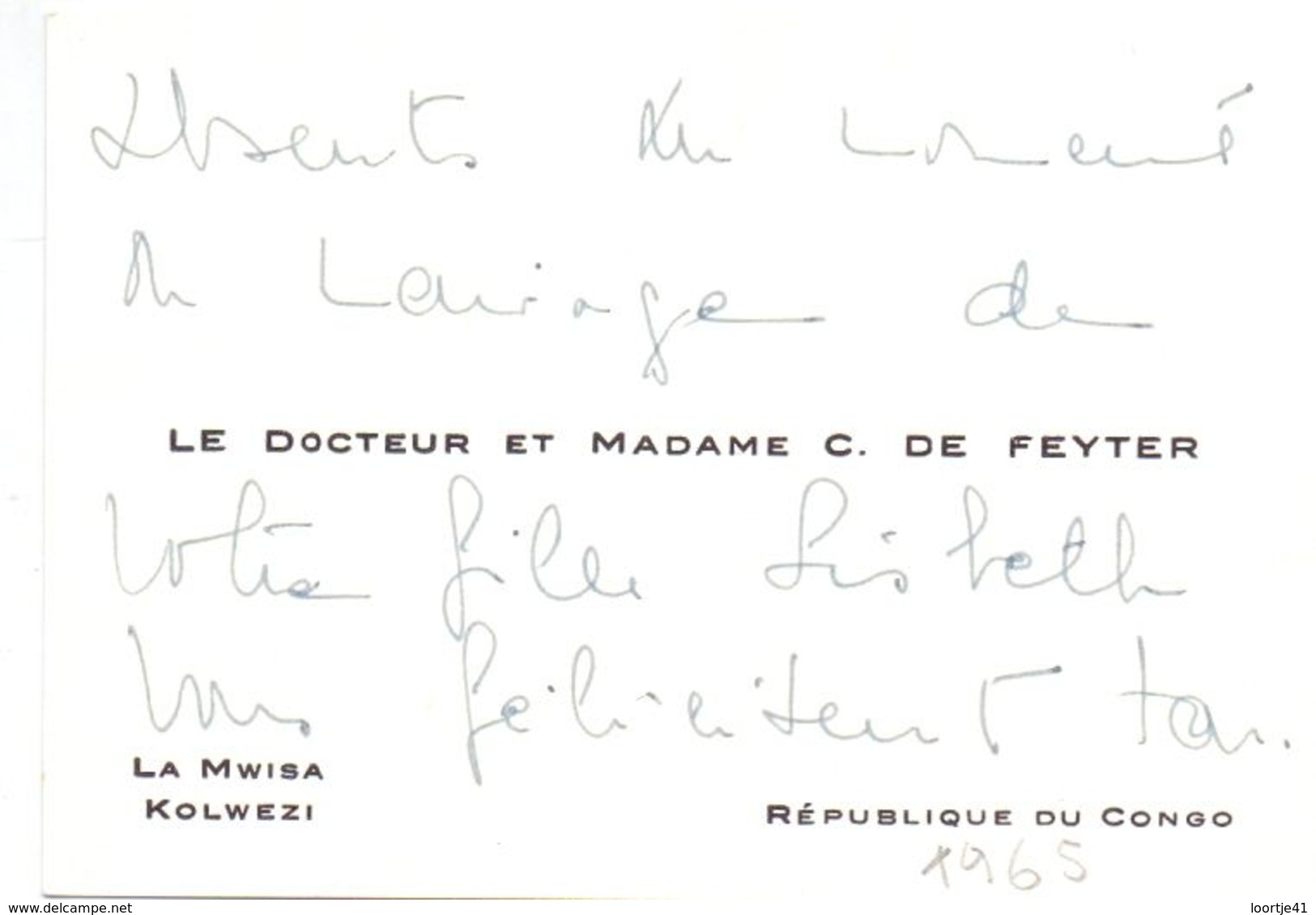 Visitekaartje - Carte De Visite - Dokter , Docteur & Madame C. De Feyter - Kolwezi , République Du Congo - Visiting Cards