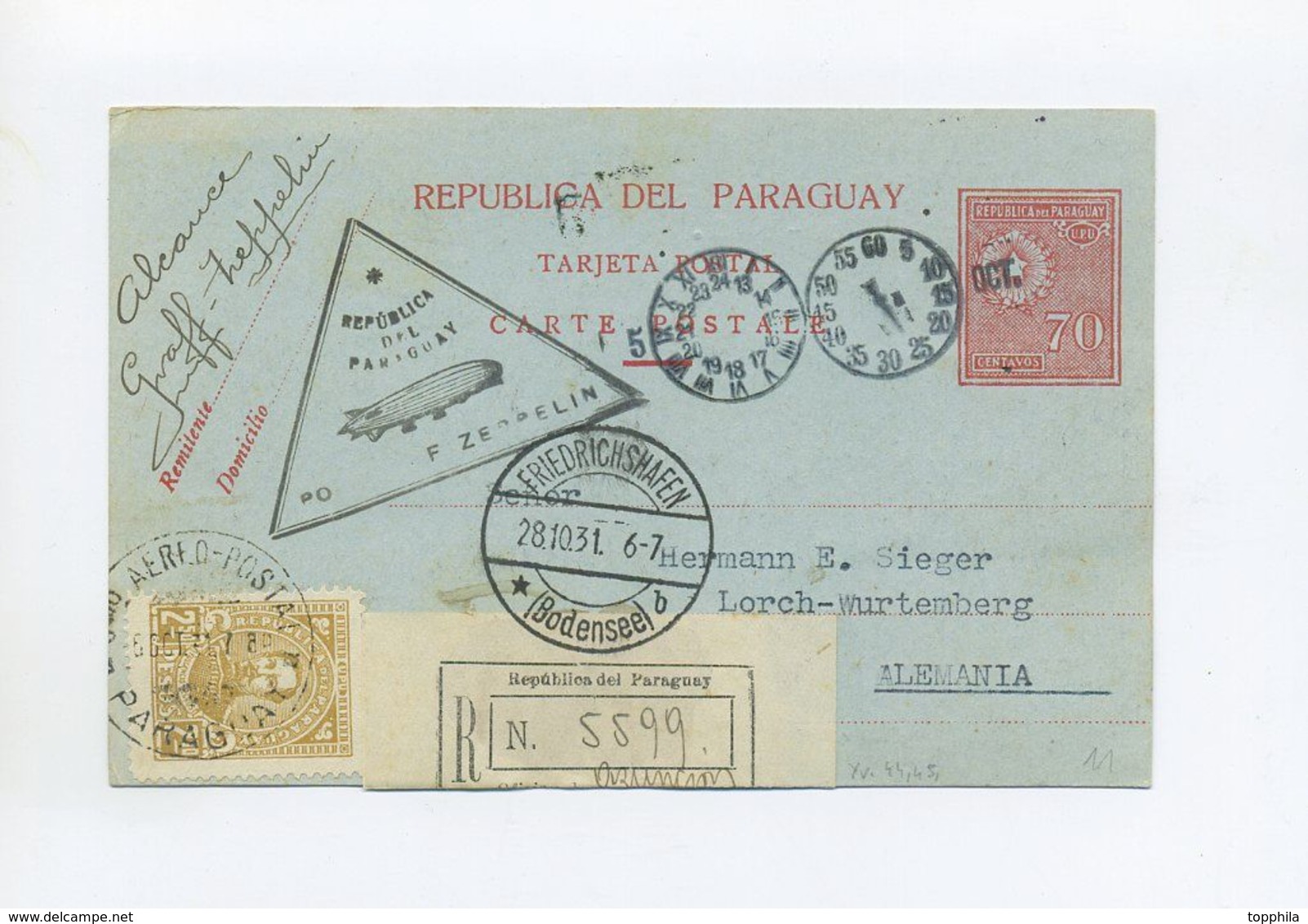 1931 PARAGUAY R- KARTE ZEPPELIN LZ 127 3. SÜDAMERIKAFAHRT RÜCKFAHRT MIT ZWEI ZEPPELINMARKEN SIEGER 136 - Paraguay