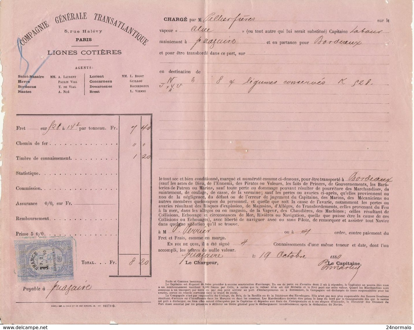 Connaissement Bill Of Lading CGT St Nazaire à Bordeaux, Steamer "Alice" 1880 - Transports