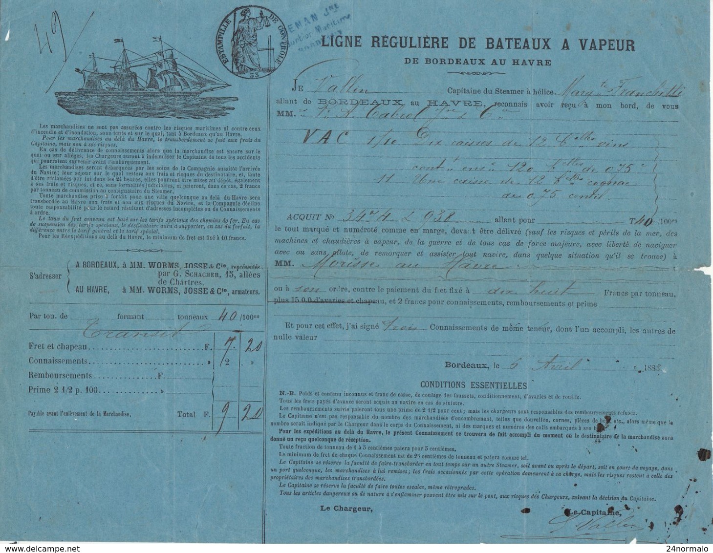 Connaissement Bill Of Lading Bordeaux -> Le Havre , Navire "Marguerite Franchetti" 1883 - Transport