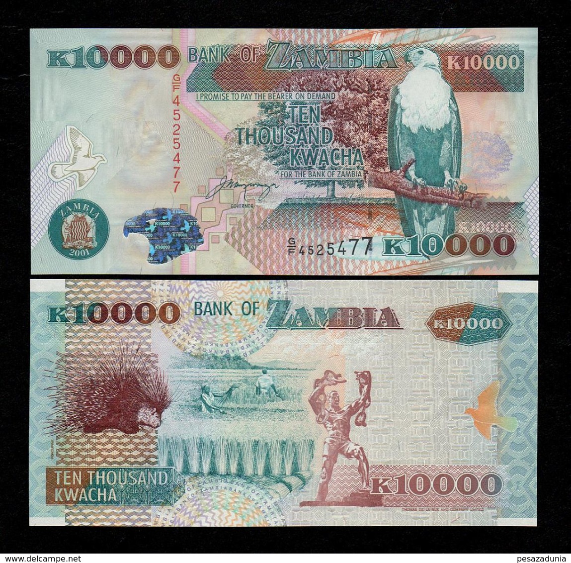 ZAMBIA 10000 (10,000) KWACHA BANKNOTE 2001 UNC P-42b Scarce! - Zambia